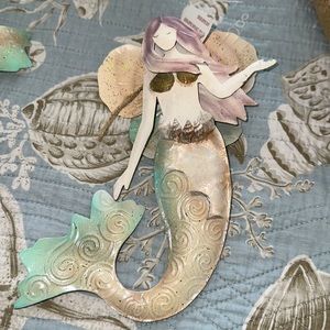 Mermaid tin painted ornament 8” new